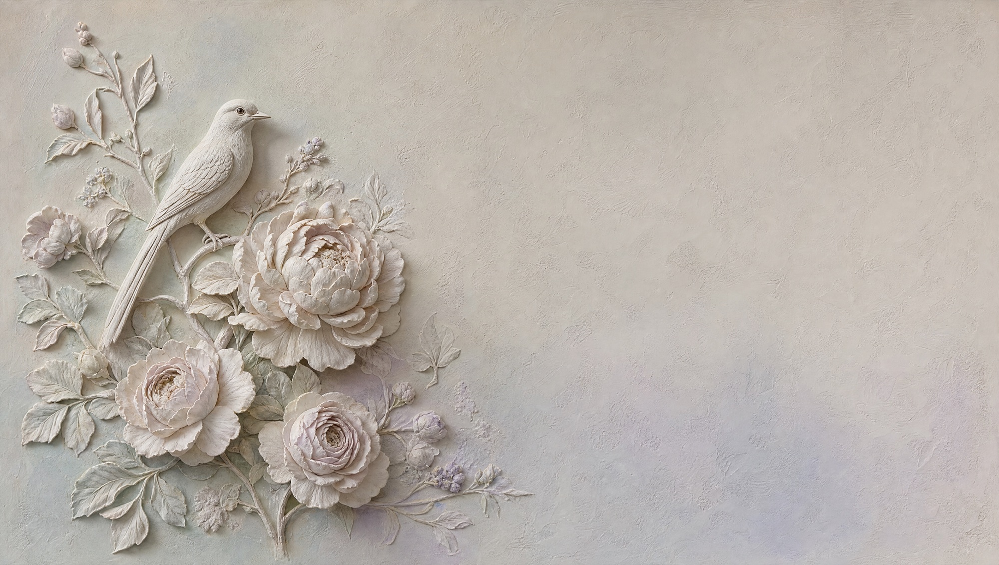 A hand-sculpted plaster relief with a bird in soft color