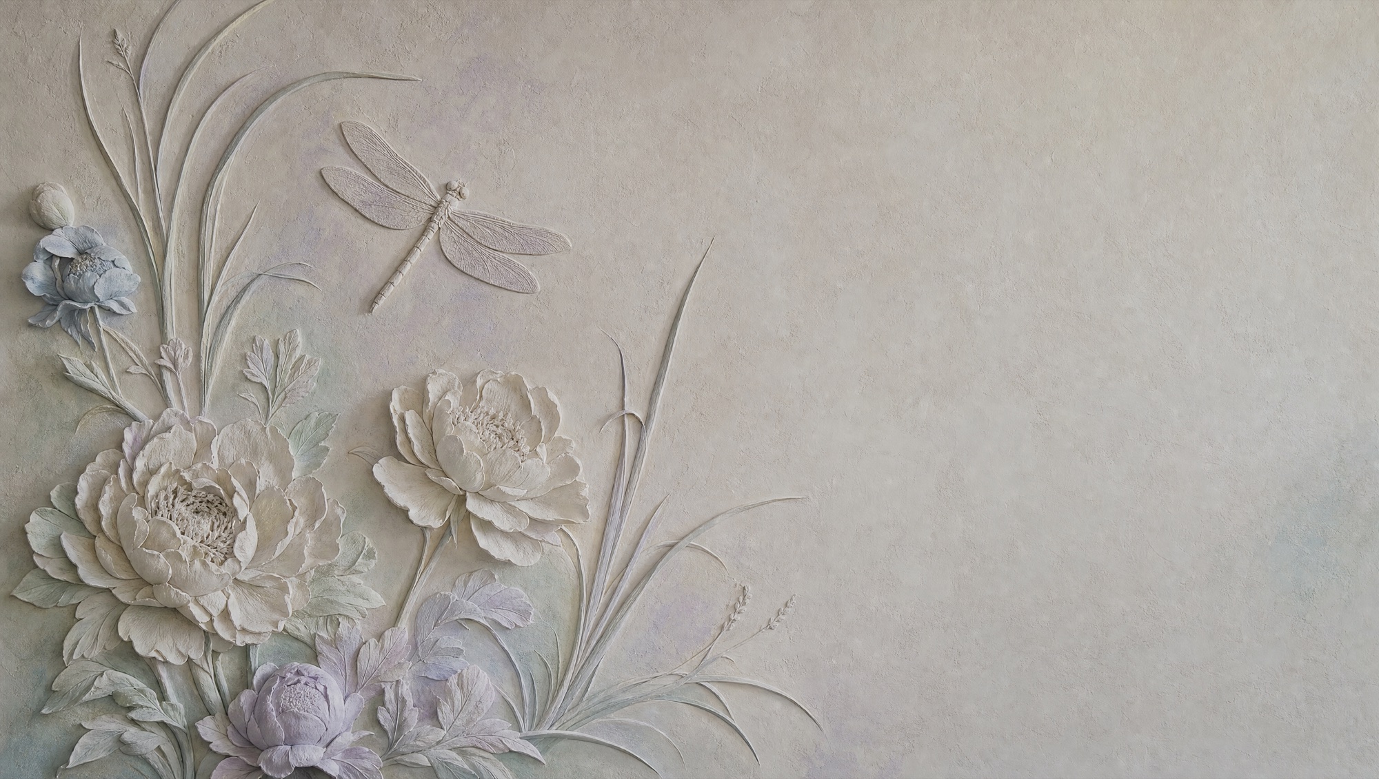A hand-sculpted plaster relief with a dragonfly