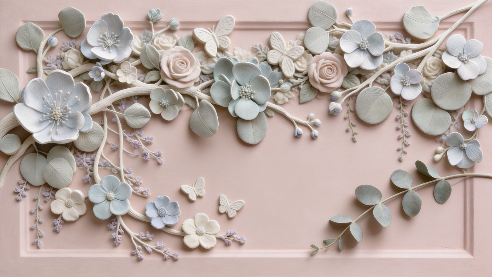 A hand-sculpted plaster relief of butterflies and roses on a soft blush ground