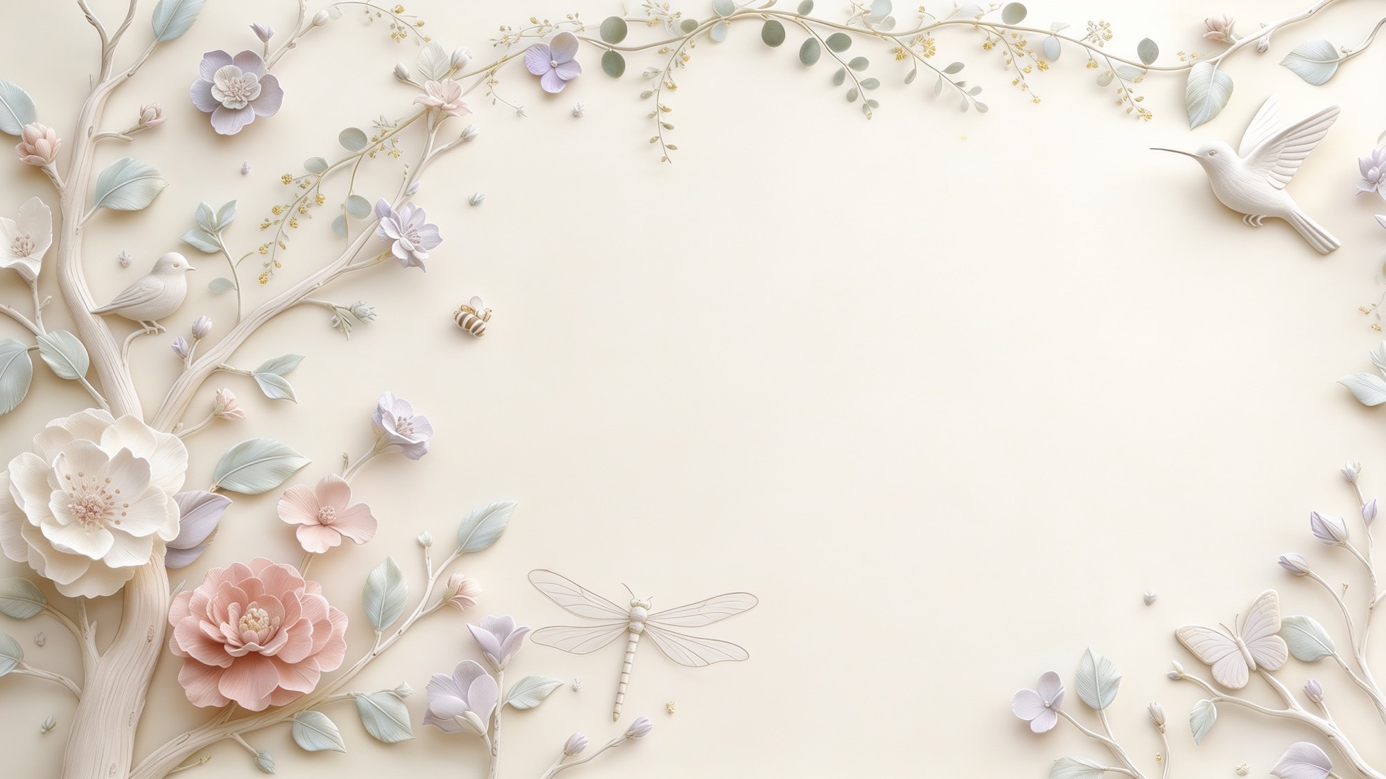 A hand-sculpted plaster botanical relief in cream