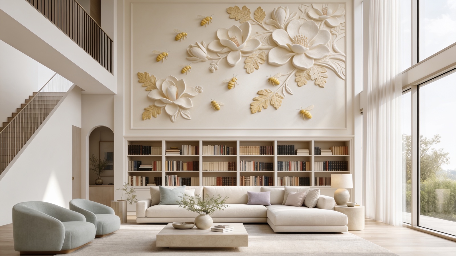 A Charlotte room with a hand-sculpted plaster relief feature wall
