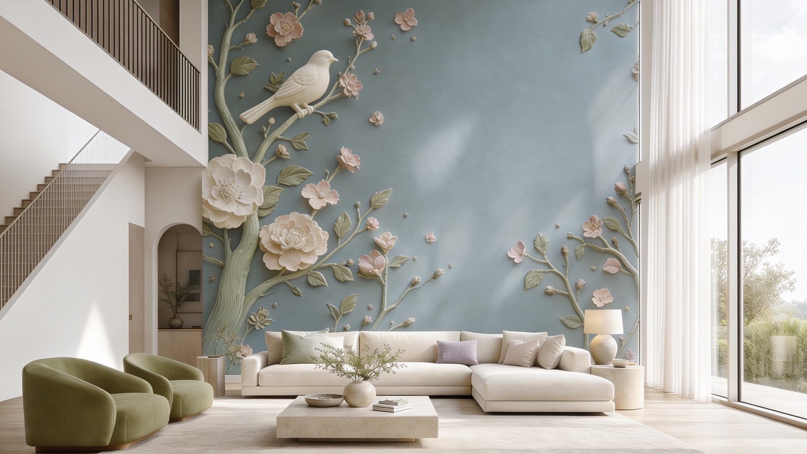 A Charlotte room with a hand-sculpted plaster relief feature wall