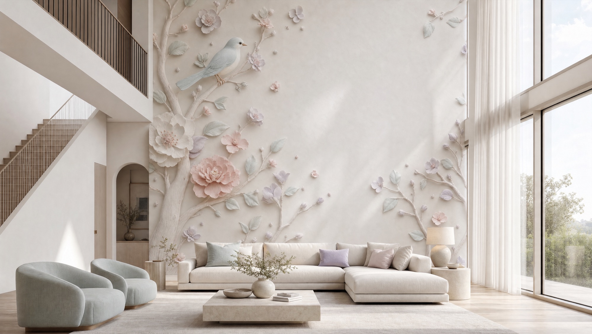 A Charlotte living room with a hand-sculpted plaster relief feature wall
